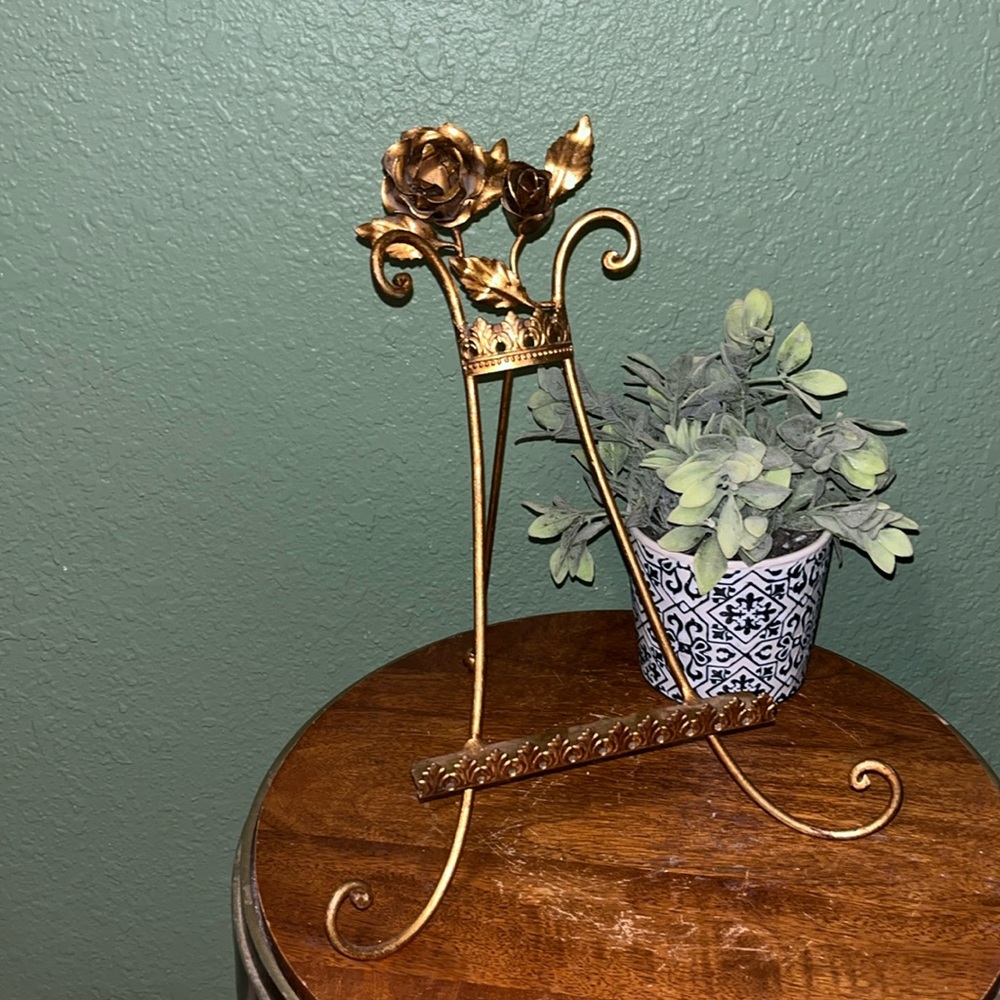 Vintage Florentine Tole Gilt Easel Made in Italy Gold French Roses Cottagecore
